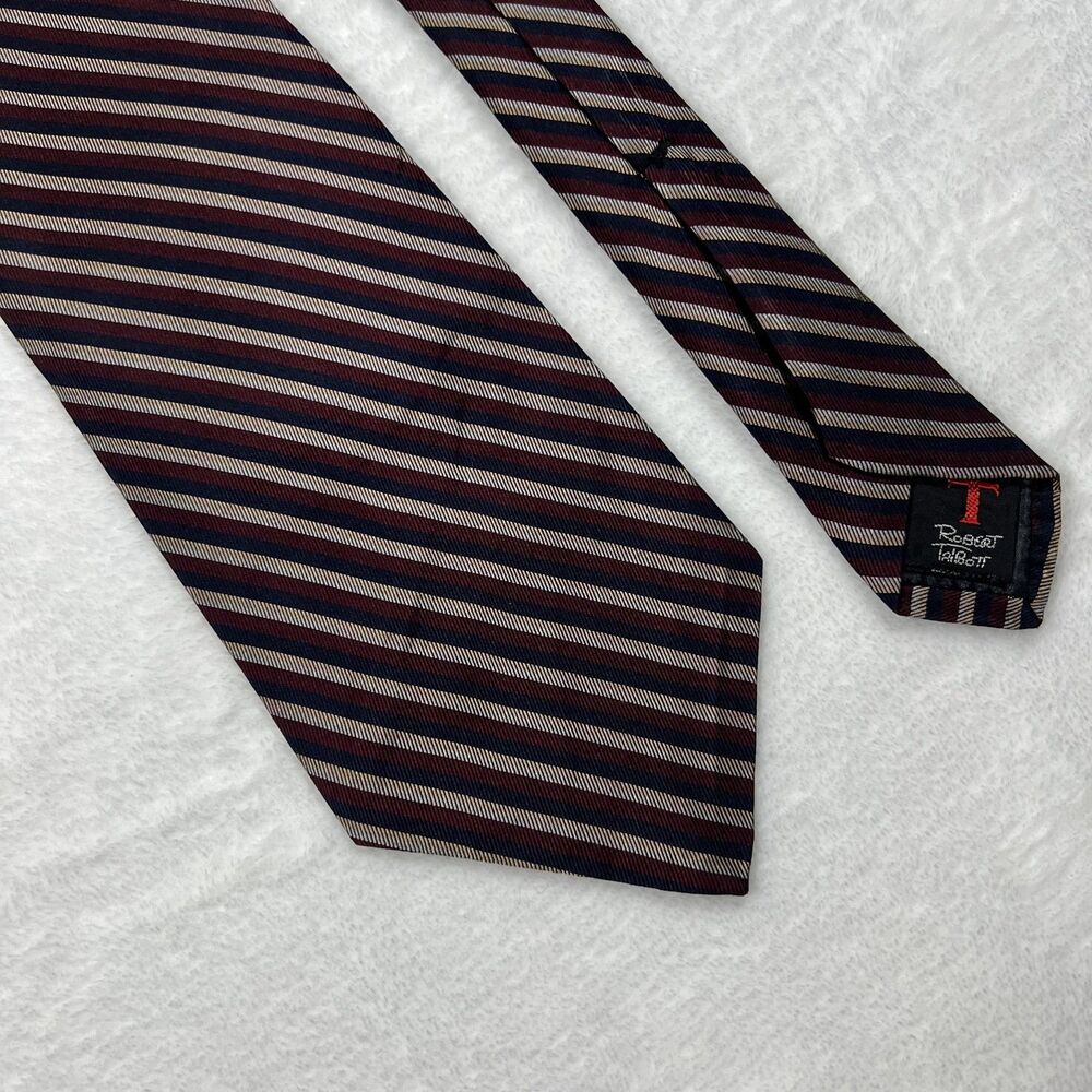 Robert Talbott Mens Necktie Tie Burgundy Navy Stripe Silk Hand Sewn Repp